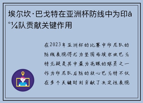 埃尔坎·巴戈特在亚洲杯防线中为印尼队贡献关键作用 埃尔坎·巴戈特在亚洲杯防线中为印尼队贡献关键作用